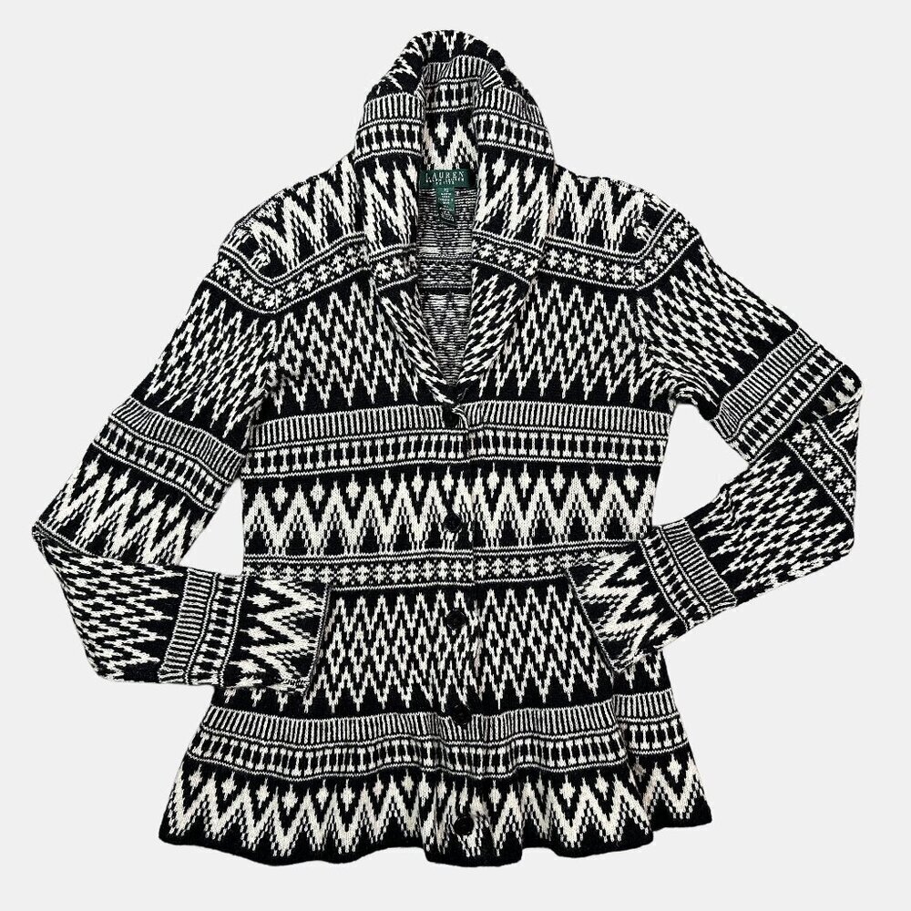 Lauren Ralph Lauren Lambswool Blend Southwestern Cardigan Sweater Petite Small